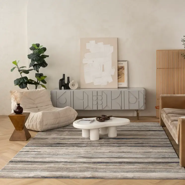 5' X 8' Blue And Beige Distressed Stripes Area Rug
