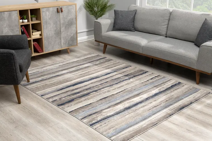 8' X 11' Blue And Beige Distressed Stripes Area Rug