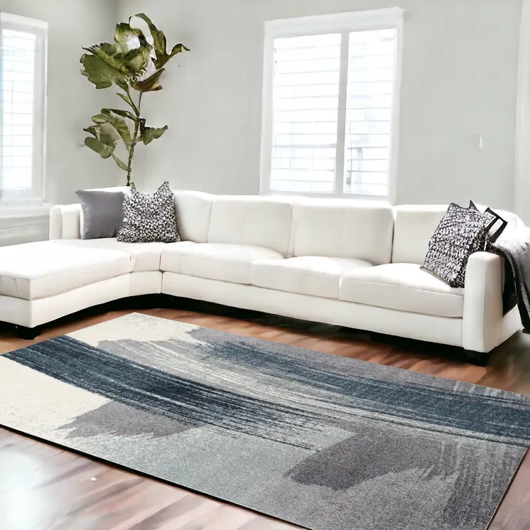 7' X 9' White And Blue Abstract Strokes Area Rug