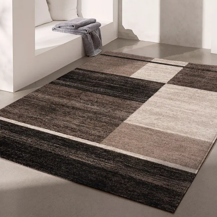7' X 9' Brown And Beige Abstract Blocks Area Rug