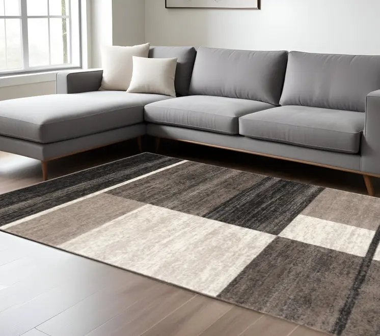 8' X 11' Brown And Beige Abstract Blocks Area Rug