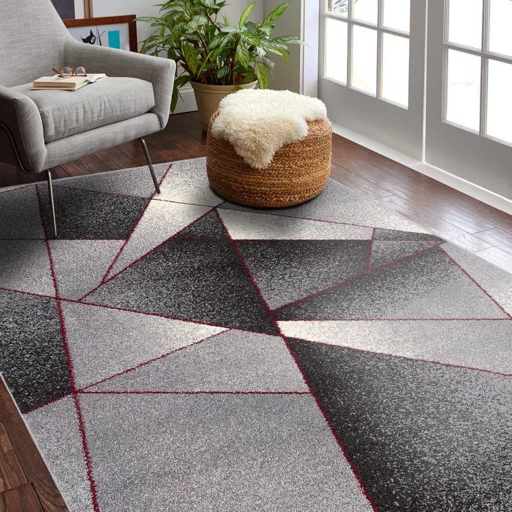 4' X 6' Grey Red Geometric Area Rug