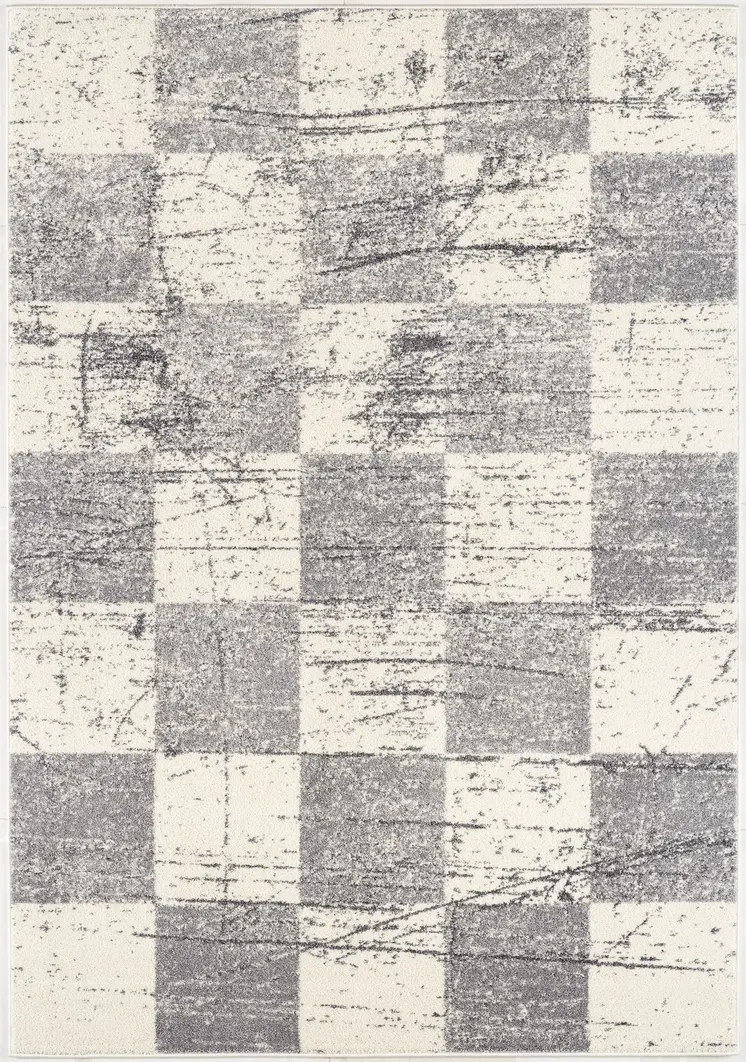 7' X 9' Gray and White Checkered Power Loom Distressed Area Rug