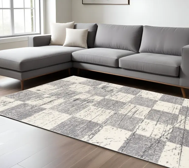8' X 11' White And Gray Checkered Area Rug