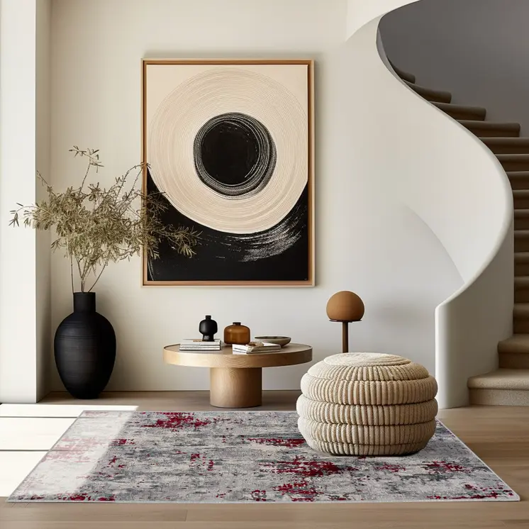 5' X 7' Red and Gray Abstract Area Rug