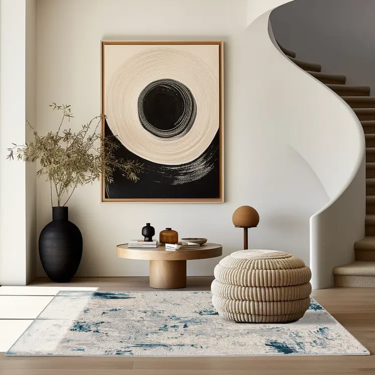 5' X 8' Blue And Ivory Abstract Strokes Area Rug