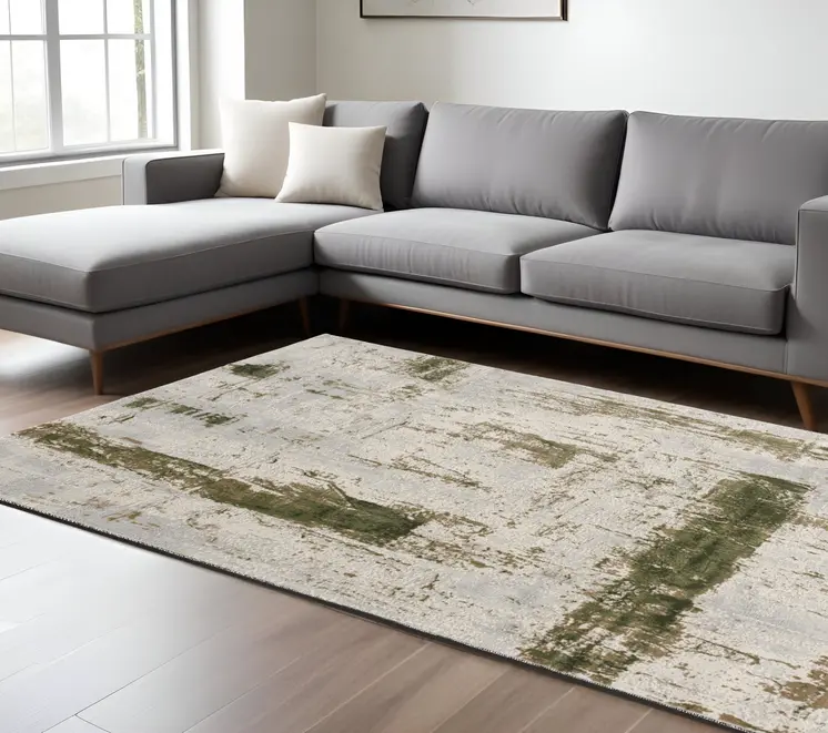 8' X 10' Green and Ivory Abstract Distressed Area Rug
