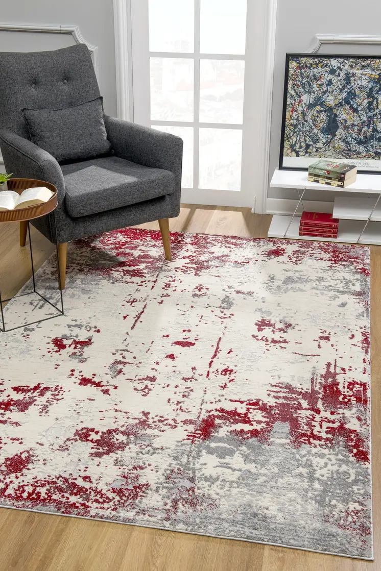 5' X 7' Gray And Red Abstract Distressed Area Rug