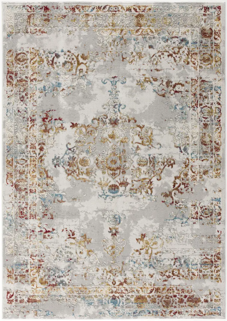 4' X 6' Gray And Beige Distressed Ornate Area Rug