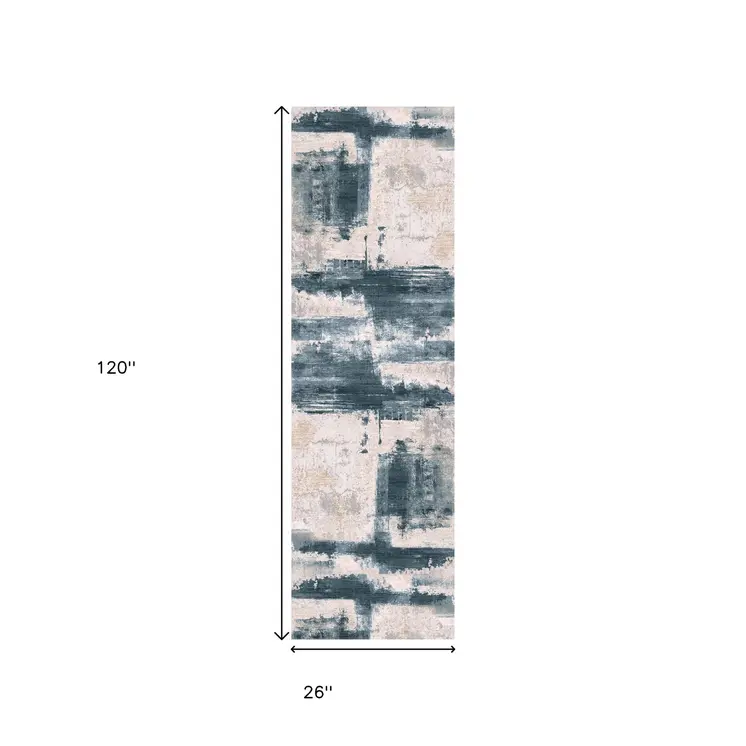10' Blue And Ivory Abstract Dhurrie Runner Rug