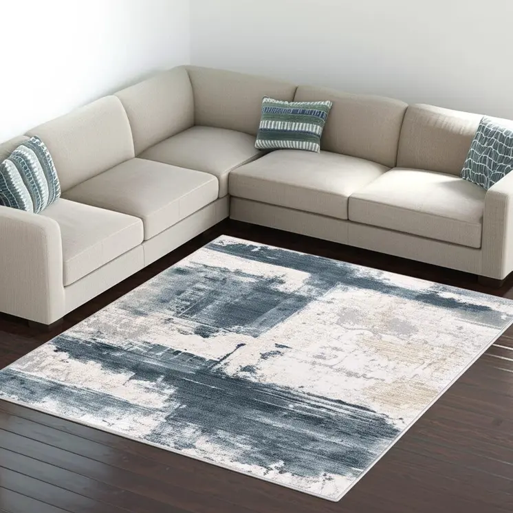 8' X 11' Cream And Blue Abstract Patches Area Rug