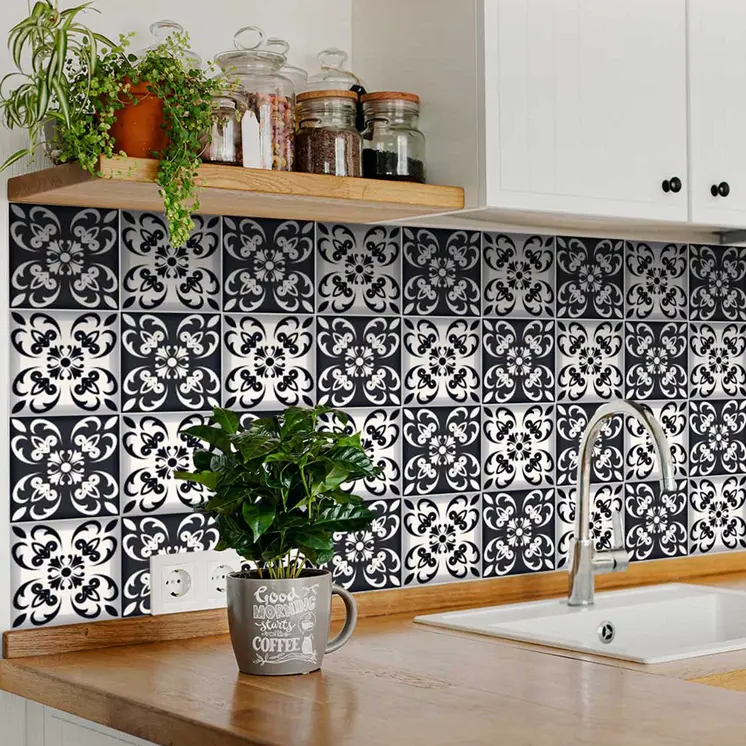 8" X 8" Black And White Quatro Peel And Stick Removable Tiles