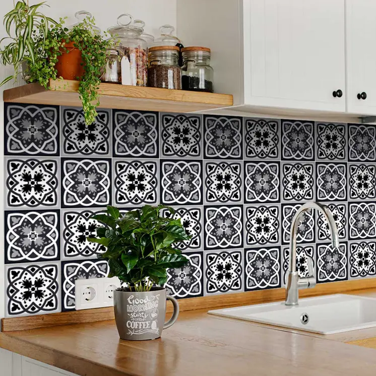 6" X 6" Black White And Gray Baz  Peel And Stick Removable Tiles