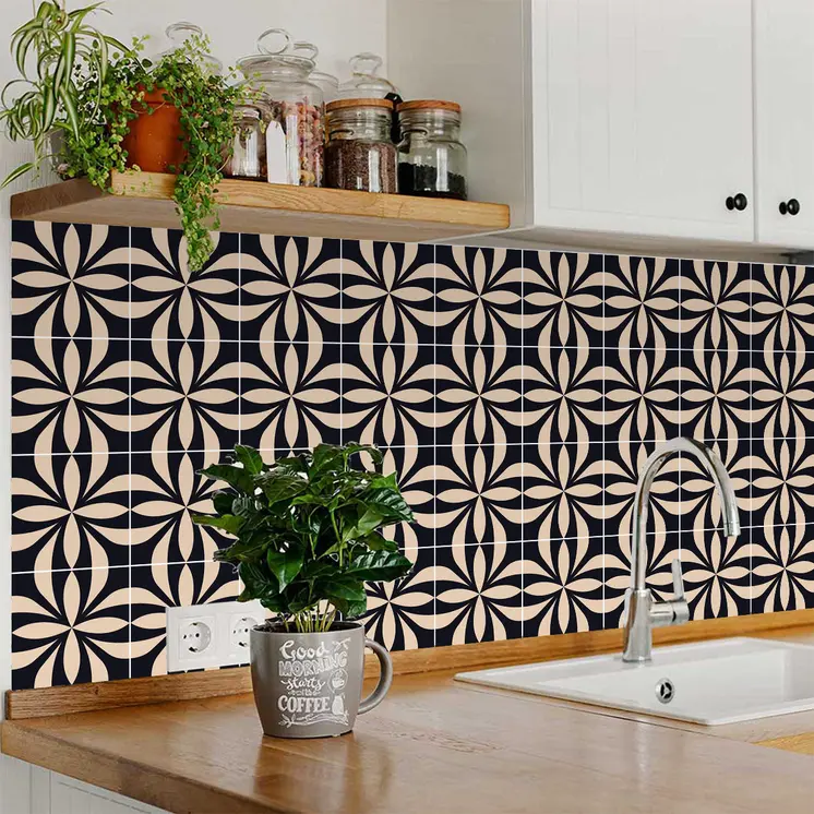8" X 8" Intertwined Black And Cream Peel And Stick Removable Tiles