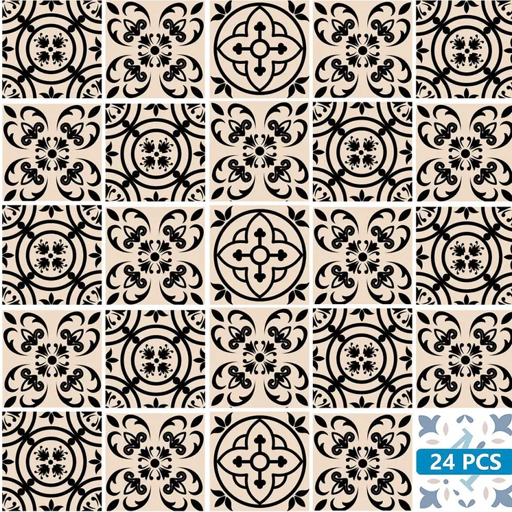 7" X 7" Cream And Black Mosaic Peel And Stick Removable Tiles