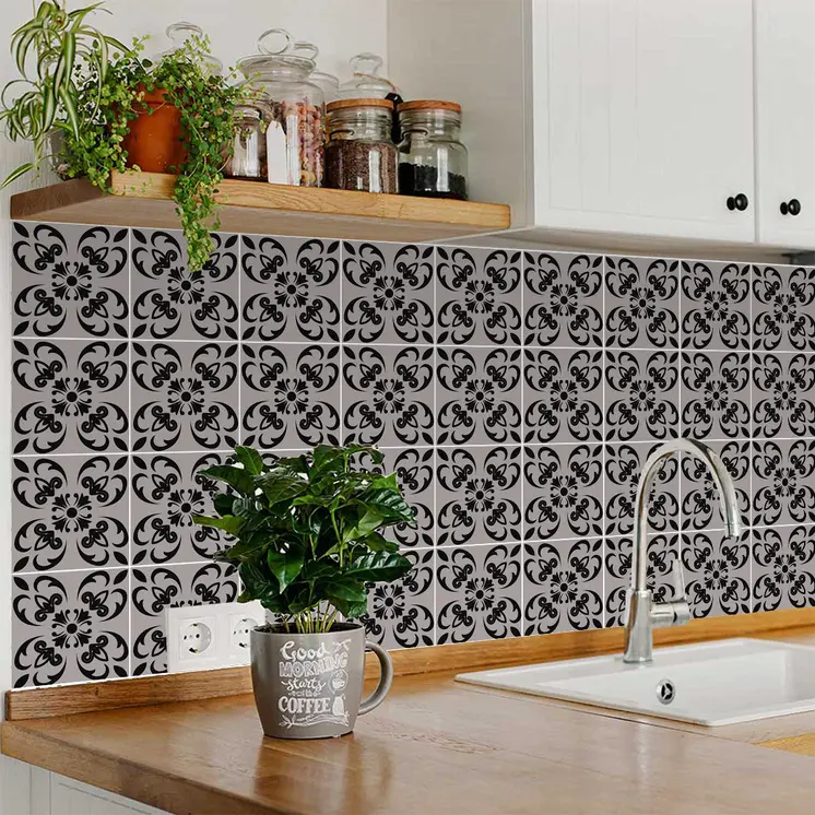 5" X 5" Black And White Orchid Peel And Stick Removable Tiles