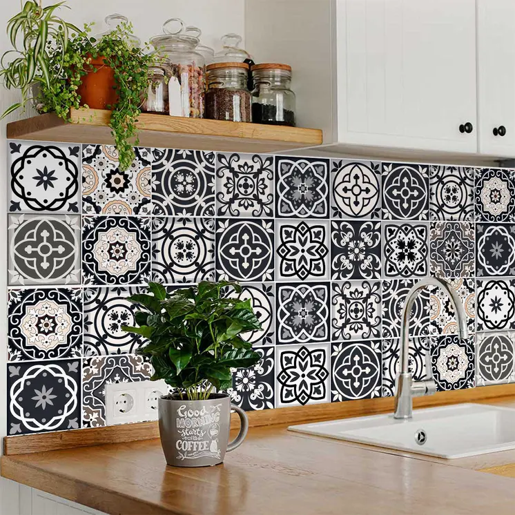 8" X 8" Black White And Tan Peel And Stick Removable Tiles