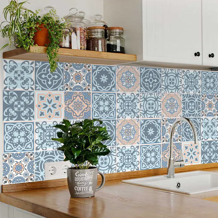 5" X 5" Baby Blue And Peach Mosaic Peel And Stick Removable Tiles