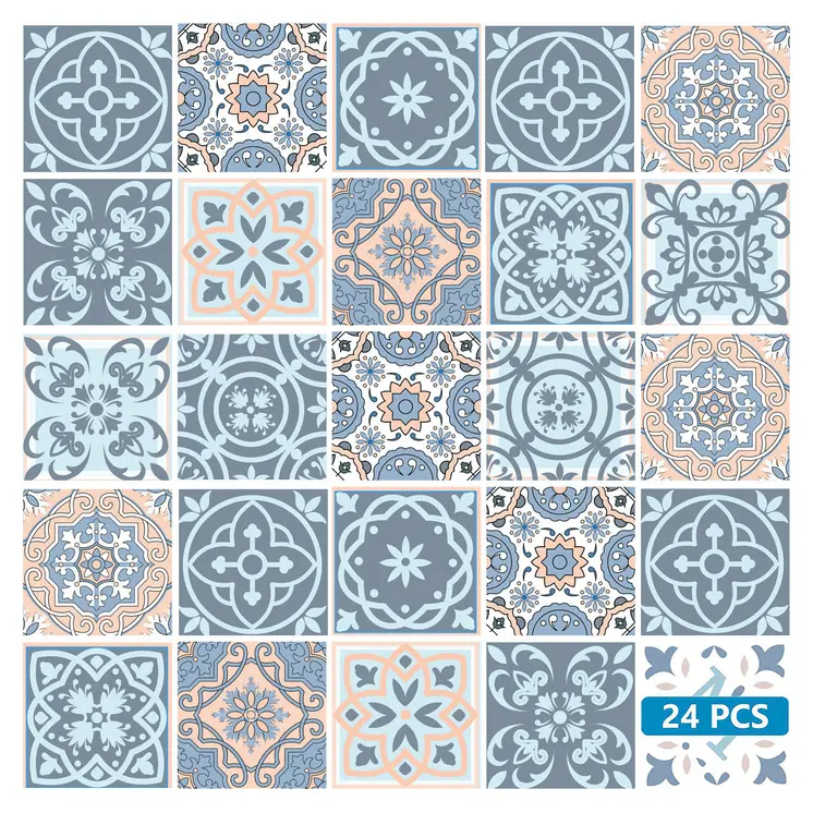 8" X 8" Baby Blue And Peach Mosaic Peel And Stick Removable Tiles