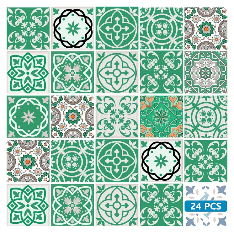 6" X 6" Green And White Mosaic Peel And Stick Removable Tiles