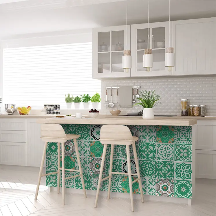 6" X 6" Green And White Mosaic Peel And Stick Removable Tiles