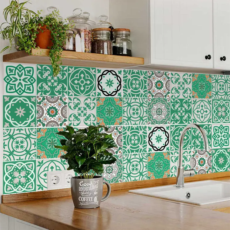 8" X 8" Green And White Mosaic Peel And Stick Removable Tiles