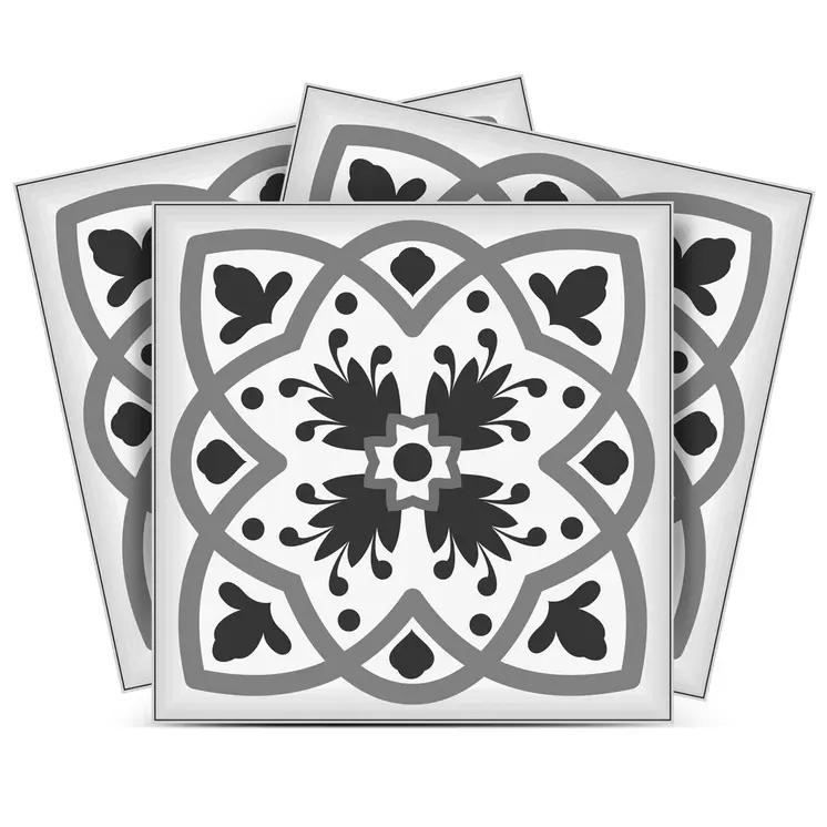 7" X 7" Charcoal And White Scroll Peel And Stick Removable Tiles