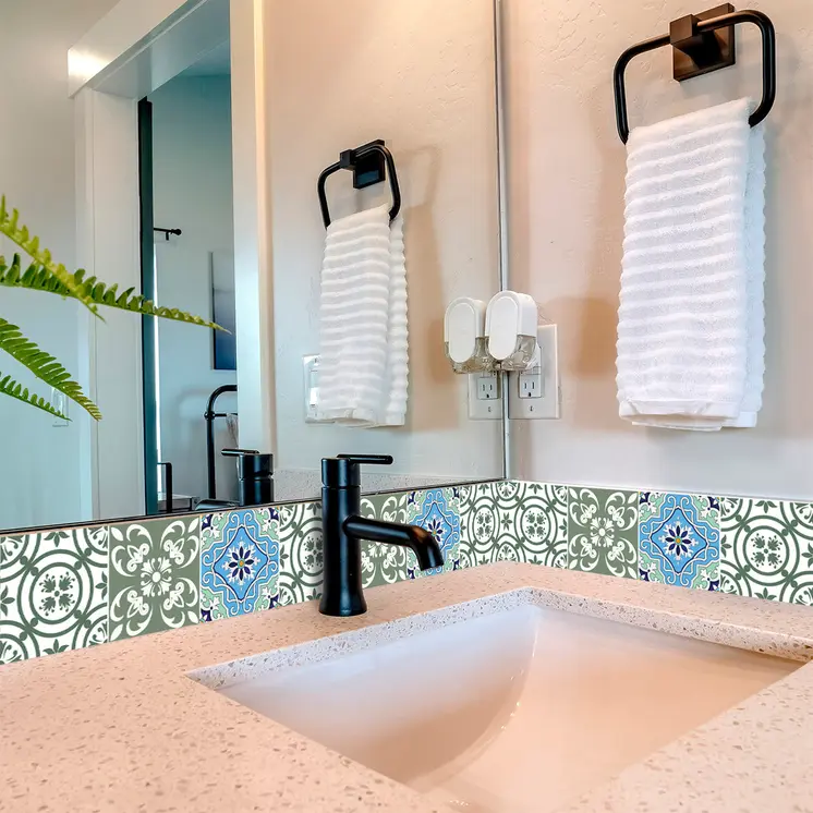 8" X 8" Sage And Aqua Floral Peel And Stick Removable Tiles