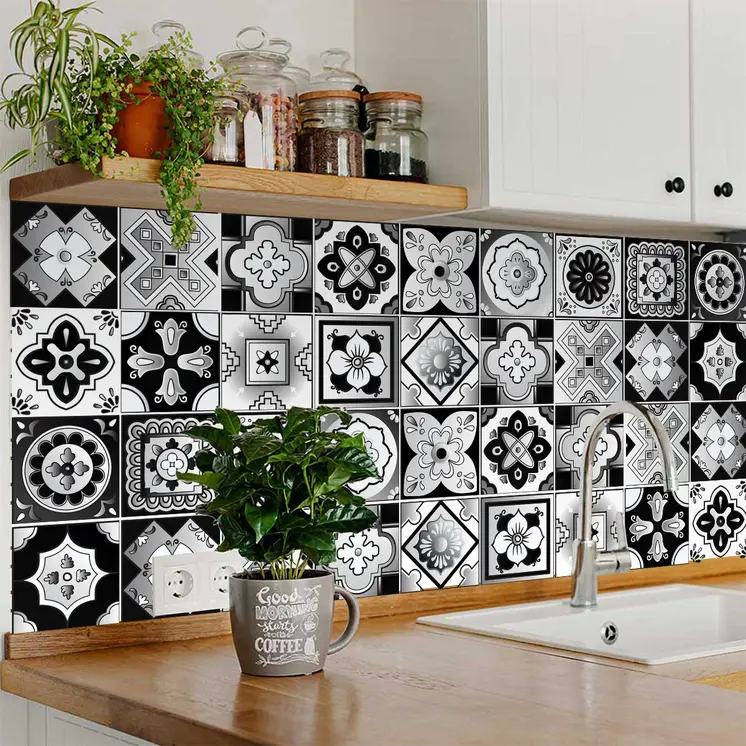 6" X 6" Black White And Gray Mosaic Peel And Stick Removable Tiles
