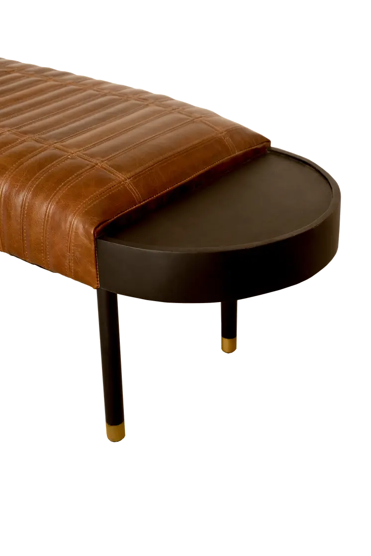 Warm Brown Leather And Solid Wood Bench