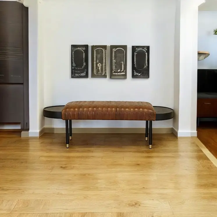 Warm Brown Leather And Solid Wood Bench