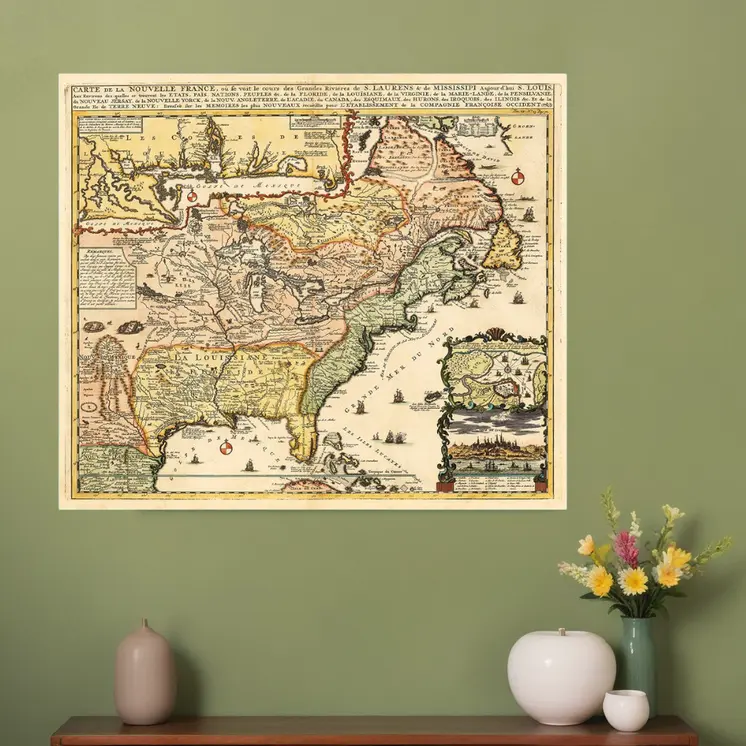 20" X 24" Vintage 1718 Map Of New France