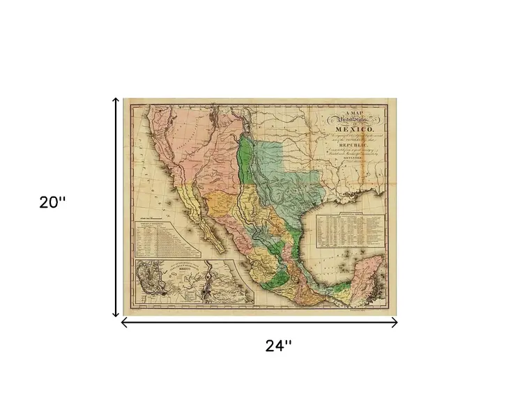 20" X 24" Vintage 1846 Map Of Mexico Wall Art