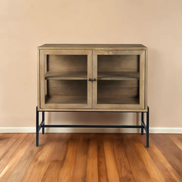 36" Natural Solid Wood Sideboard with Two Glass Doors