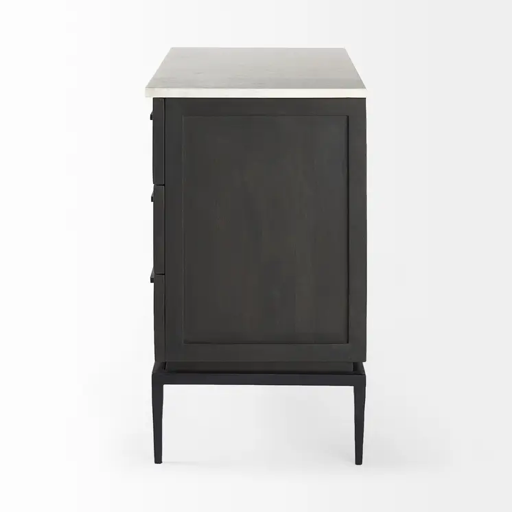 36" Black And White Solid Wood And Marble Three Drawer Dresser