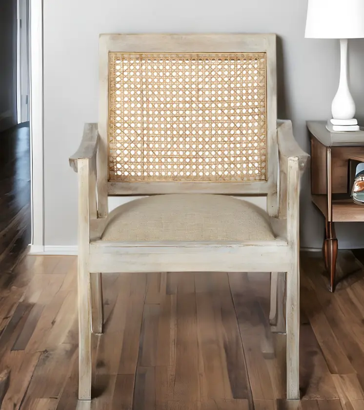 28" Cream and Natural Fabric Distressed Arm Chair