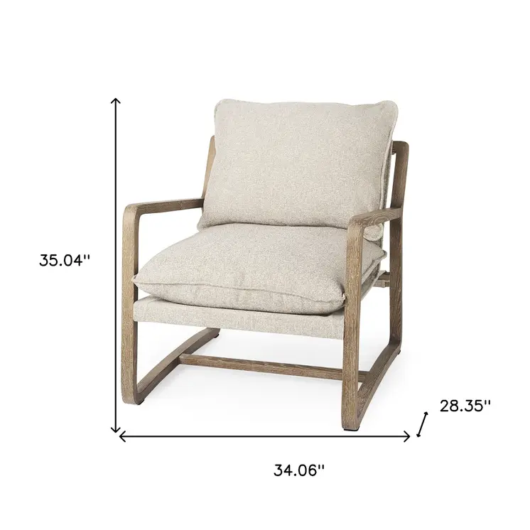 34" Beige And Wood Brown Fabric Lounge Chair