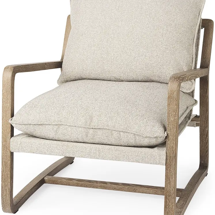 34" Beige And Wood Brown Fabric Lounge Chair