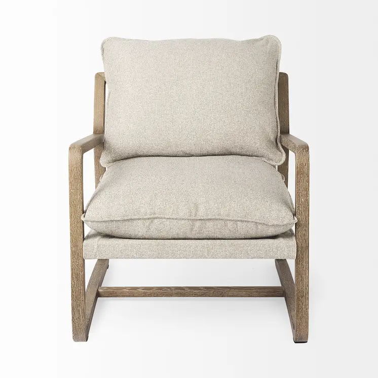 34" Beige And Wood Brown Fabric Lounge Chair