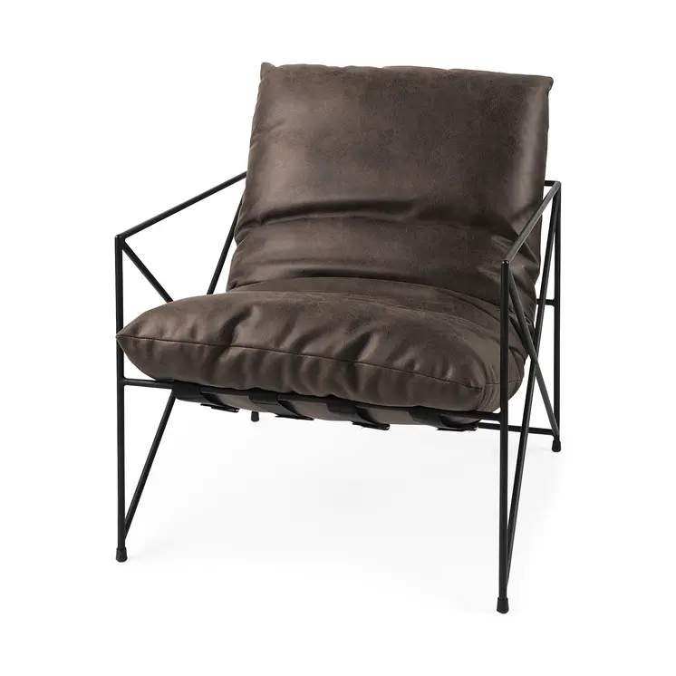 30" Brown and Black Faux Leather Distressed Wingback Chair