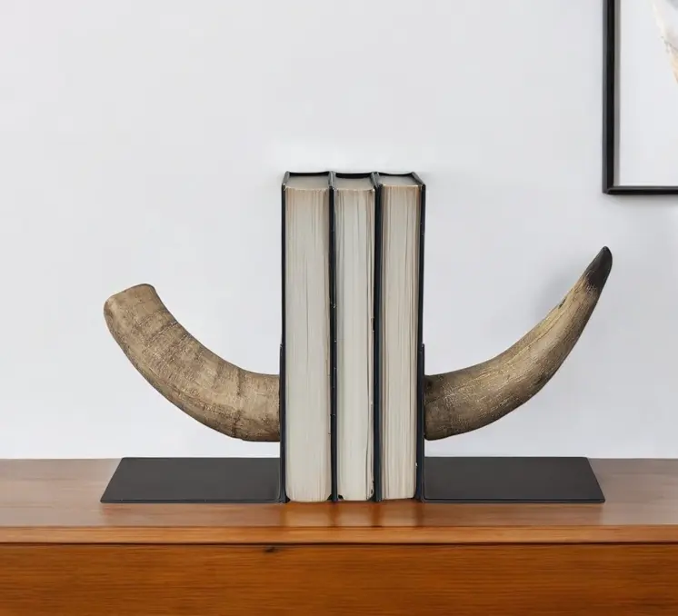 Set of Two 6" Brown and Black Ceramic Horn Decorative Bookends
