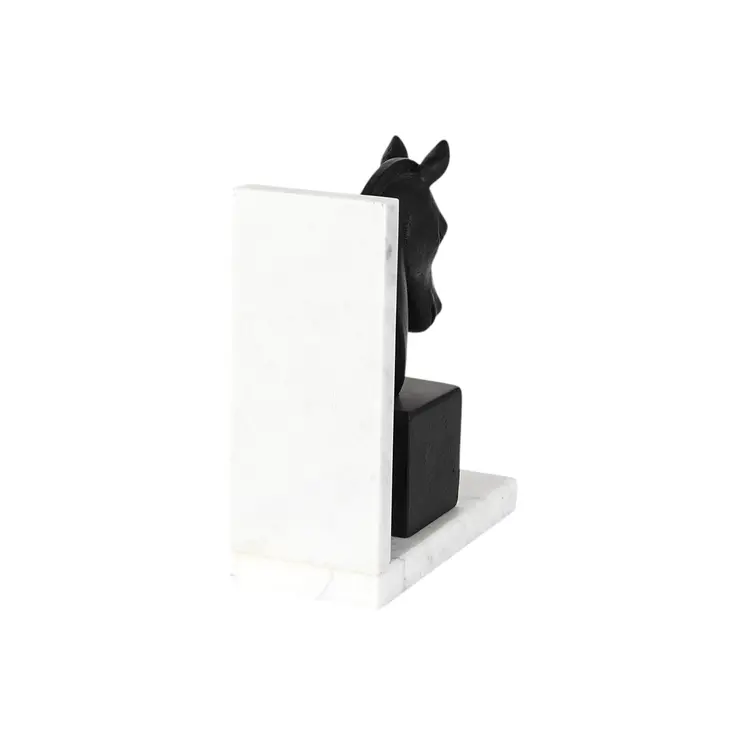 Set of Two 8" Black And White Marble And Resin Horse Decorative Bookends