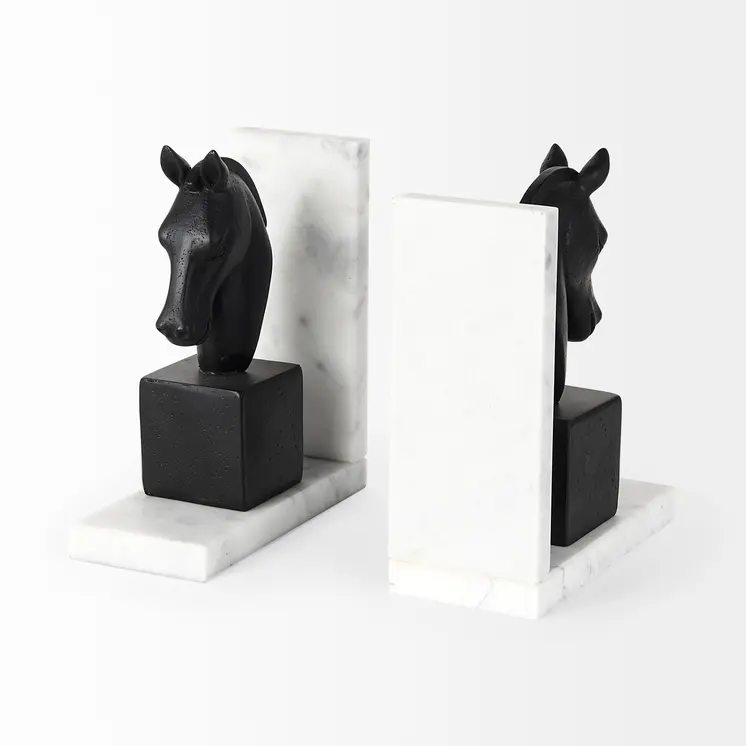 Set of Two 8" Black And White Marble And Resin Horse Decorative Bookends