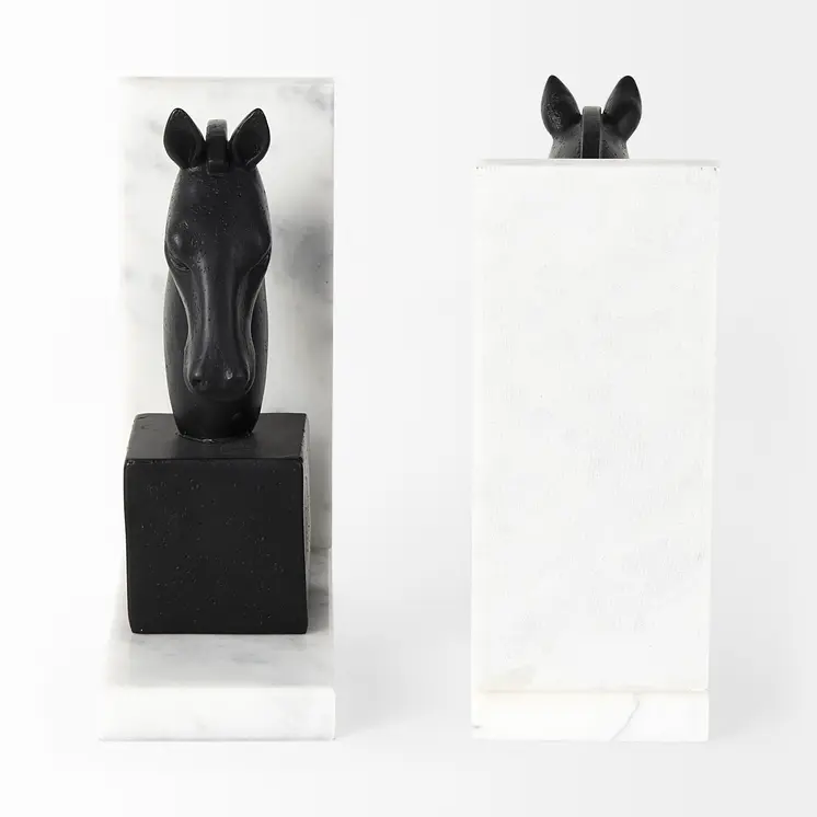Set of Two 8" Black And White Marble And Resin Horse Decorative Bookends