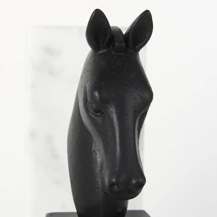 Set of Two 8" Black And White Marble And Resin Horse Decorative Bookends
