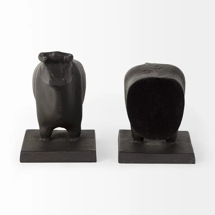 Set of Two 7" Black Fabric Bull Decorative Bookends