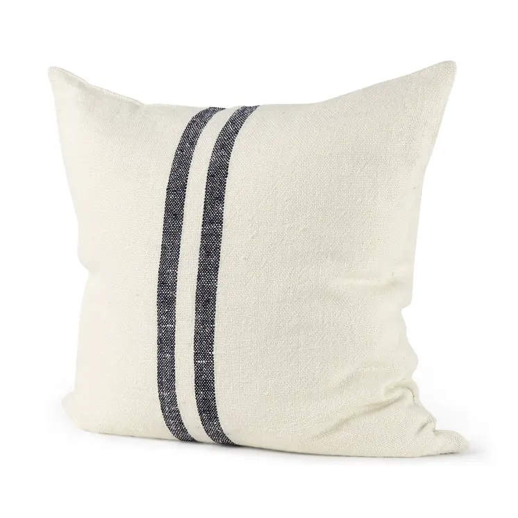 22" Beige and Blue Striped Linen Throw Pillow Cover
