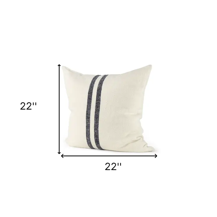 22" Beige and Blue Striped Linen Throw Pillow Cover