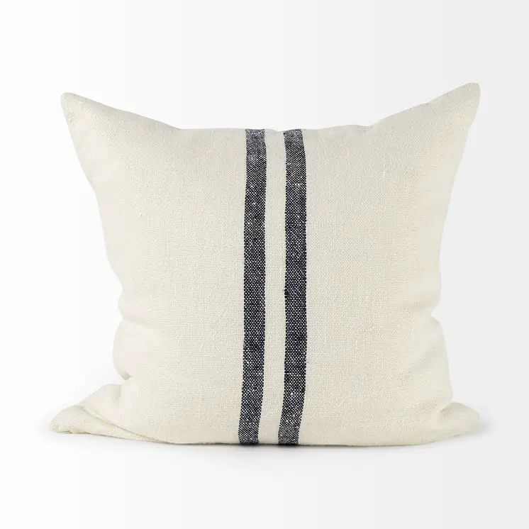 22" Beige and Blue Striped Linen Throw Pillow Cover