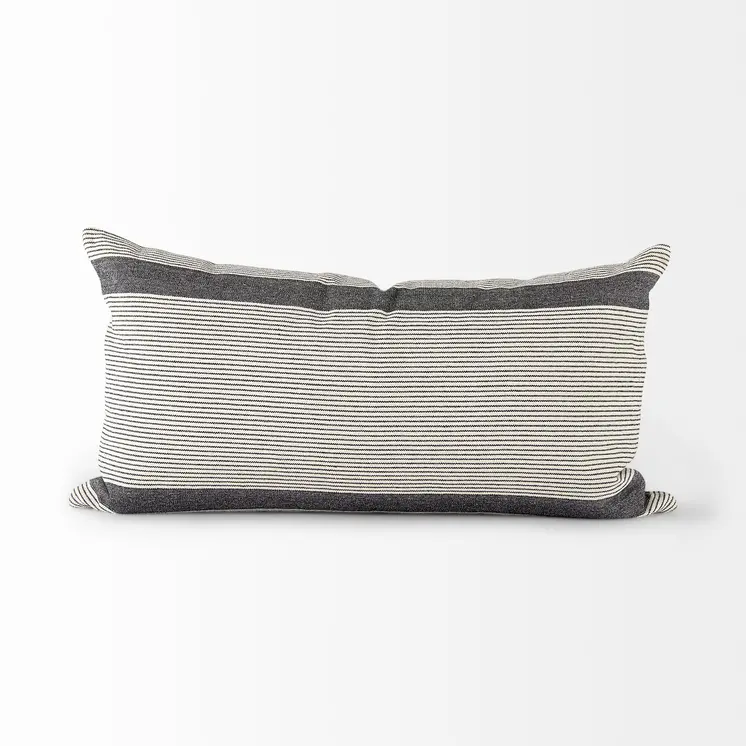 Cream And Gray Striped Lumbar Accent Pillow Cover